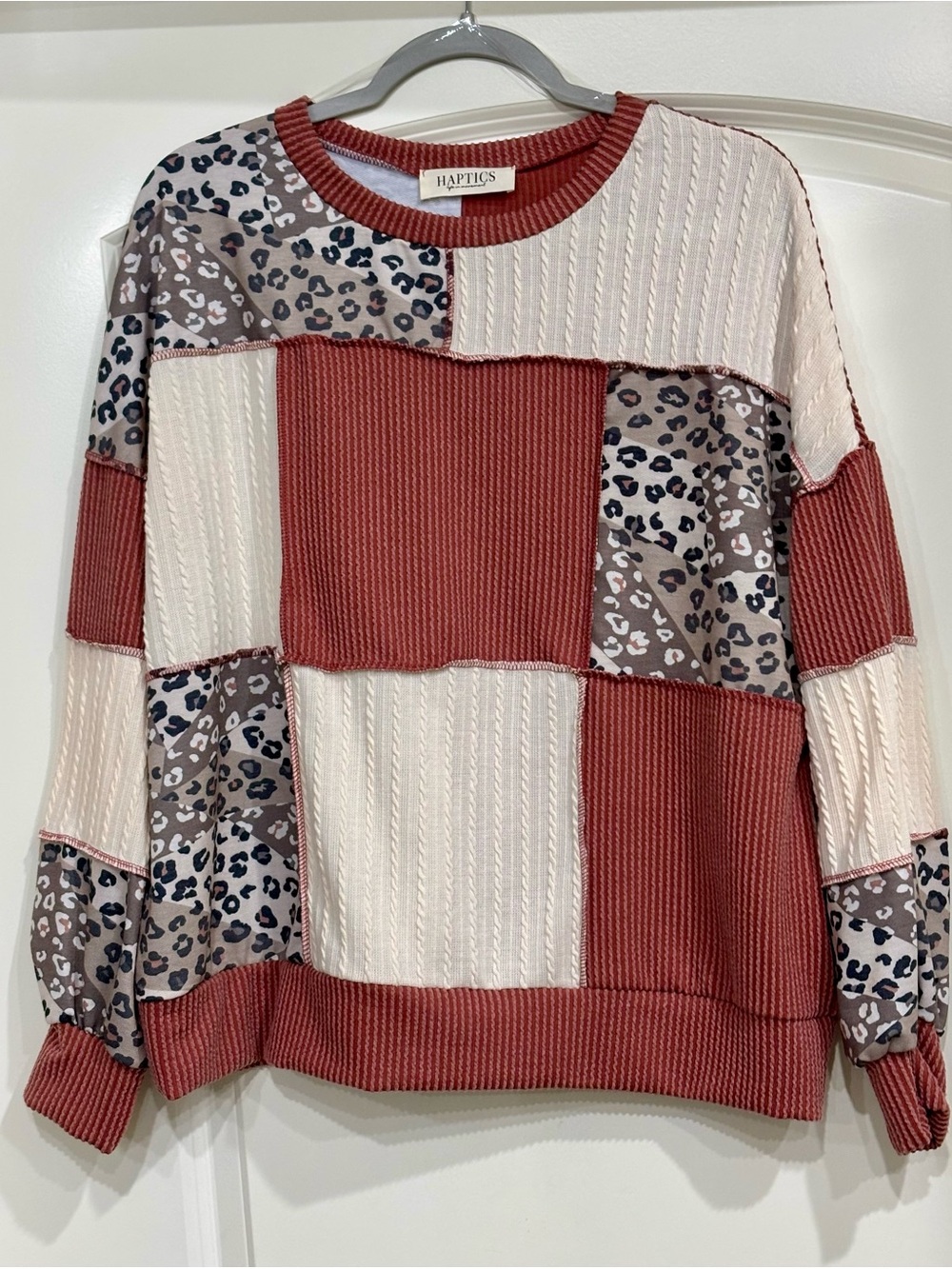 Haptics Patchwork Crewneck Sweater in Rust, Cream & Taupe Leopard